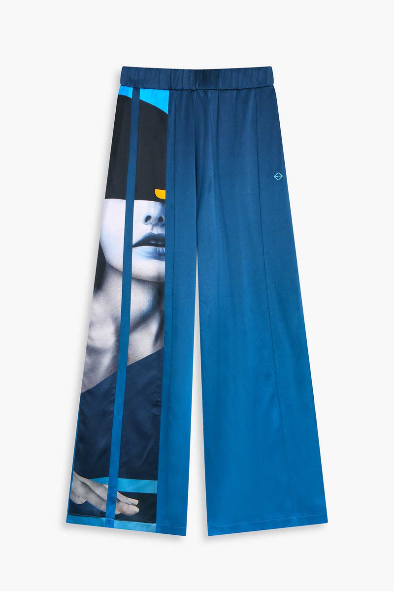 Pantalon 100% soie  bleu avec oeuvre de l'artiste SKIO "Riviera" 