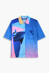 Chemise bleu 100% soie de Galerie 75 avec l'oeuvre "POP VR" de l'artiste français SKIO