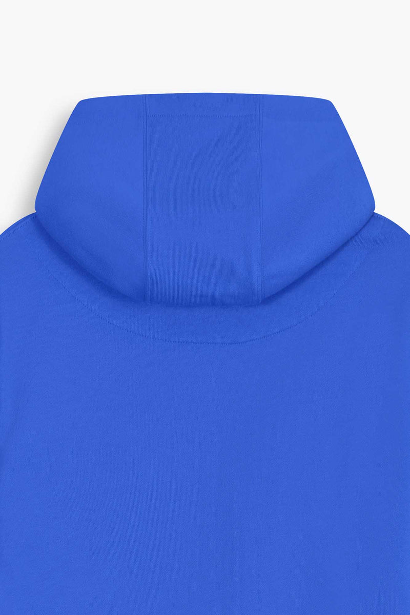 vue de dos capuche hoodie bleu violet Galerie 75 avec nom de la collection égocentrik inscrit en effet dentelle 