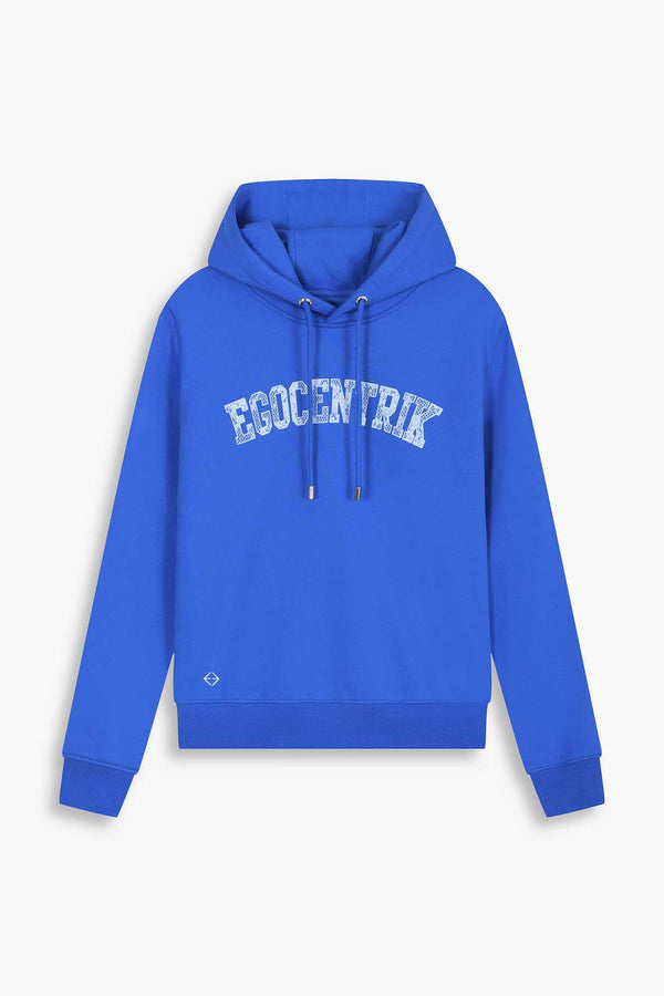 hoodie bleu violet Galerie 75 avec nom de la collection égocentrik inscrit en effet dentelle 