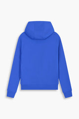 Vue de dos hoodie bleu violet Galerie 75 avec nom de la collection égocentrik inscrit en effet dentelle 