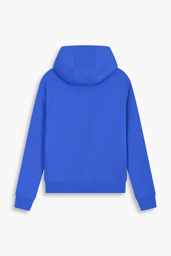 Vue de dos hoodie bleu violet Galerie 75 avec nom de la collection égocentrik inscrit en effet dentelle 