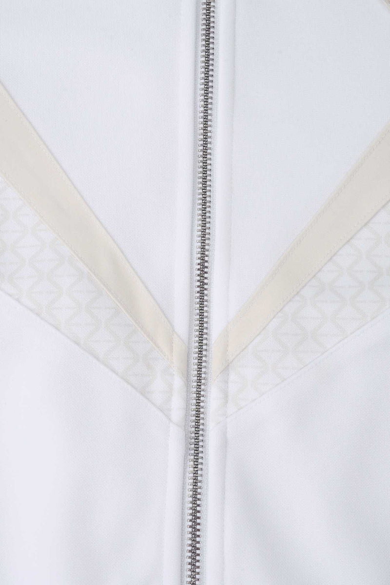 Zoom détail et fermeture éclaire Ensemble Veste + Bas de survetement de couleur blanche, elle est contrastée de 2 bandes beiges et motifs en transparence