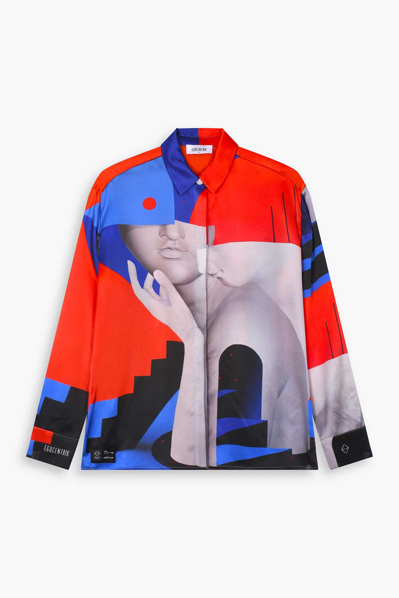 Chemise 100% soie Galerie 75 avec l'oeuvre de l'artiste français Skio intitulée "Géméos"