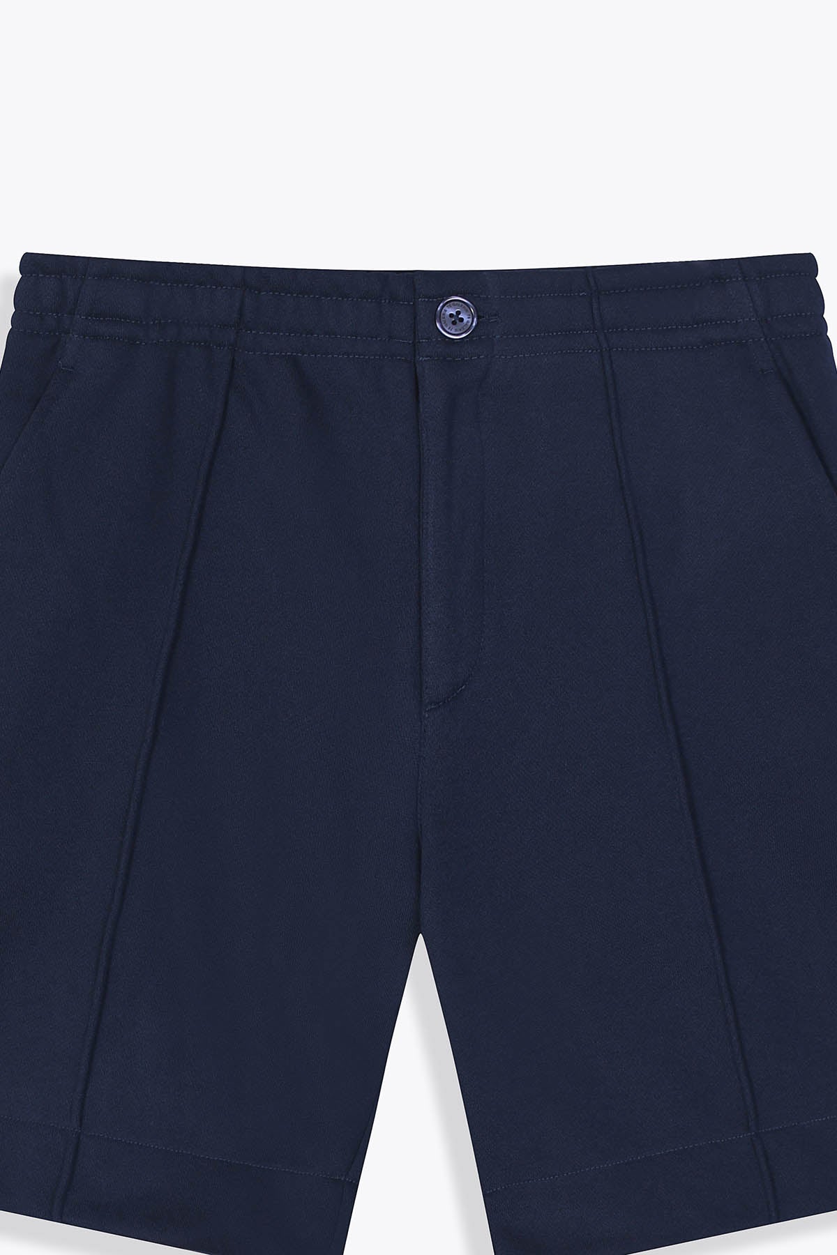 détail taille Bermuda bleu marine homme laine "Guerrière" art by Skio x Galerie 75