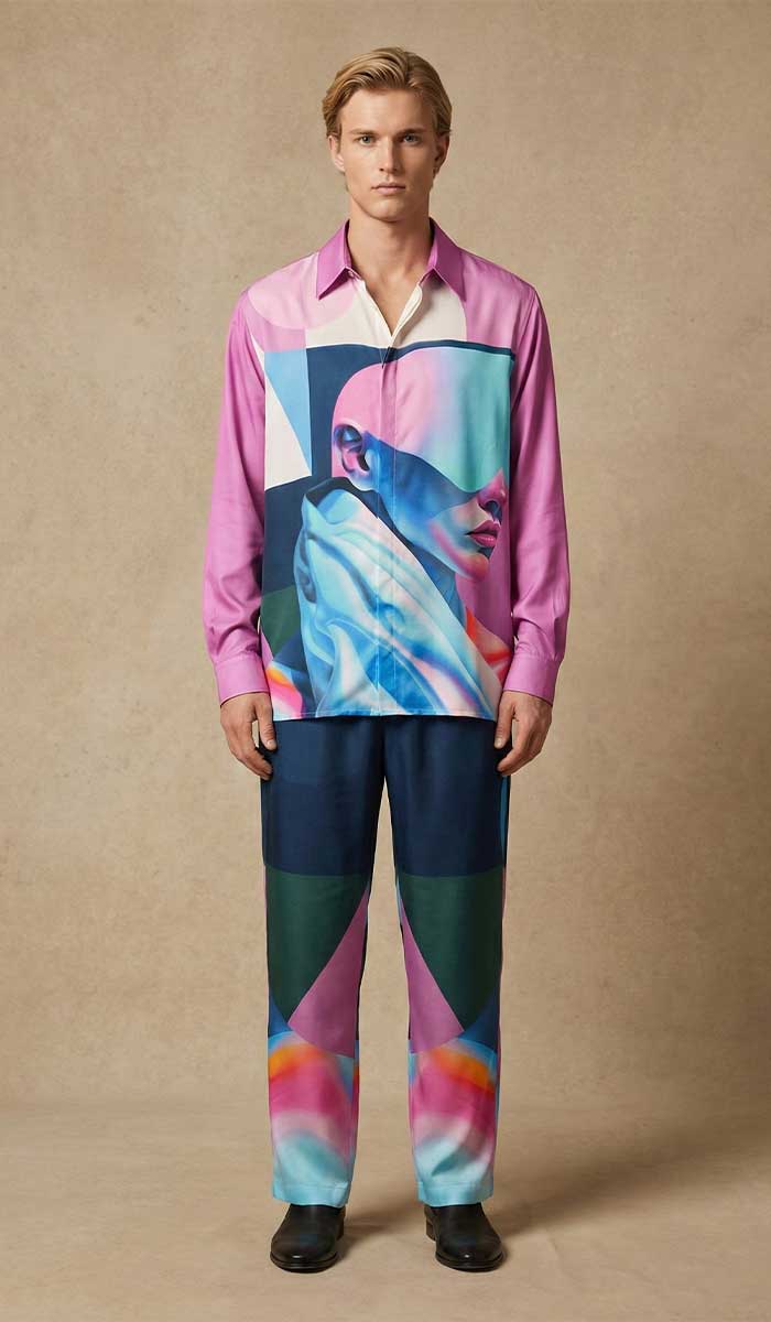 ENSEMBLE GUERRIERE HOMME EN SOIE  MANCHES LONGUES PORTÉ MANNEQUIN DE FACE 