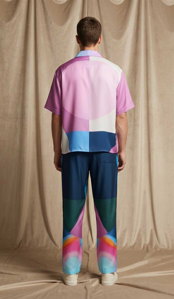 ENSEMBLE GUERRIERE CHEMISE ET PANTALON EN SOIE PORTÉ MANNEQUIN DE DOS VERSION MANCHES COURTES