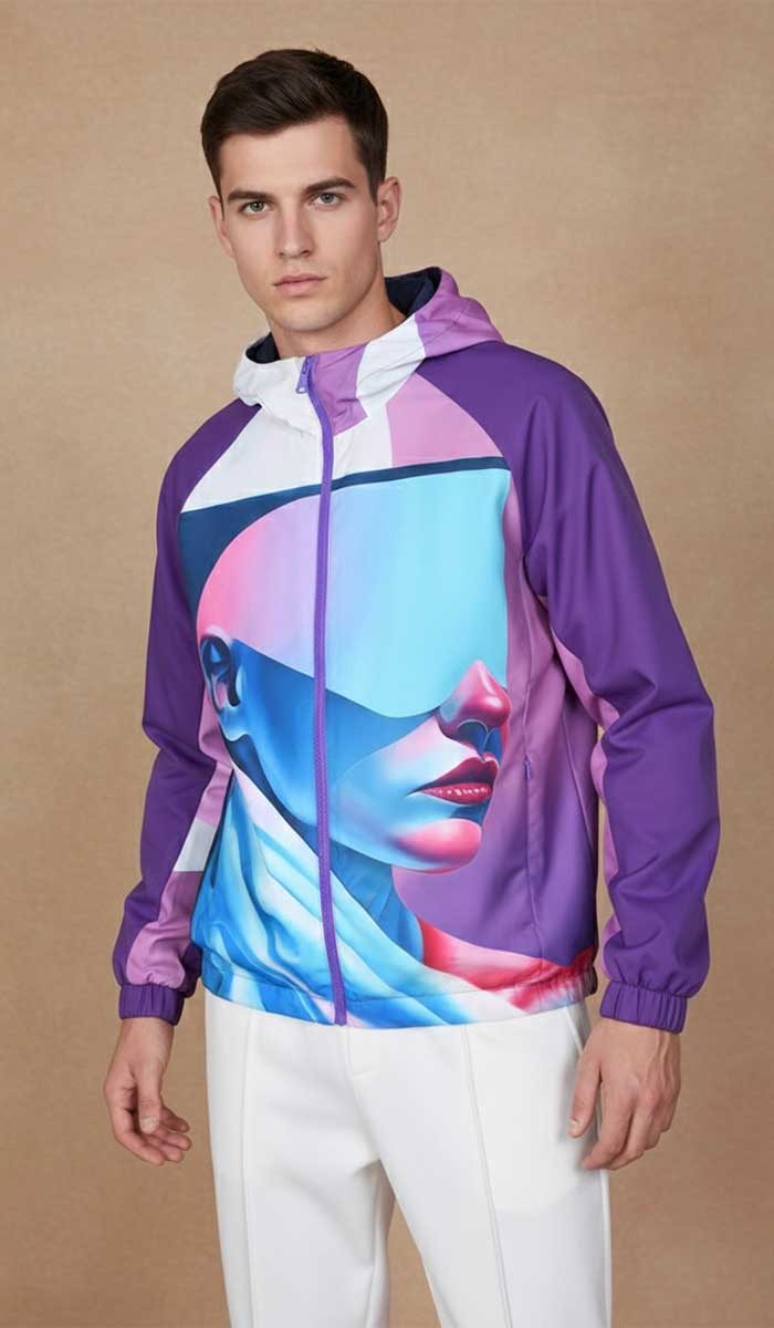 MANNEQUIN PORTE COUPE-VENT GUERRIERE DE SKIO AVEC POSE DE FACE ZIP VIOLET