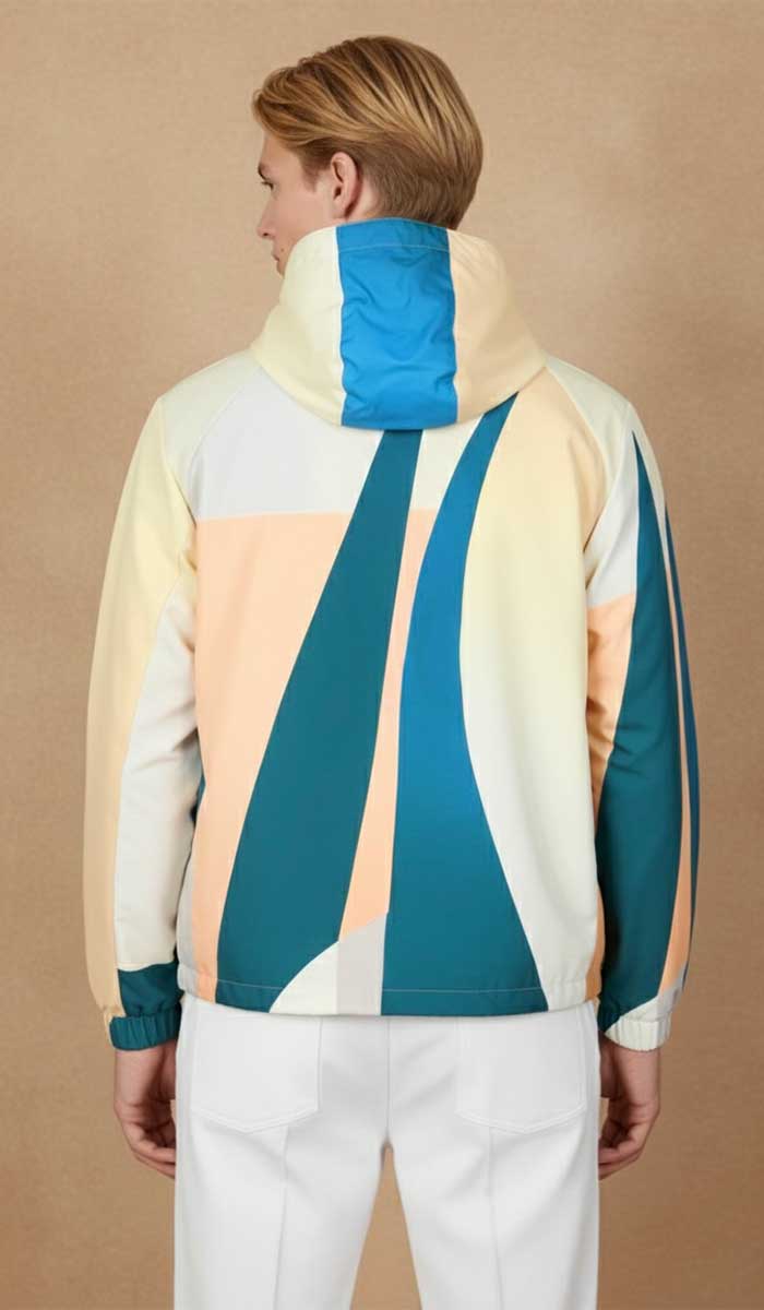MANNEQUIN HOMME BLOND DE DOS PORTE COUPE VENT REVERSIBLE BLANC CASSÉ AVEC OEUVRE LES AMAZONES DE SKIO 