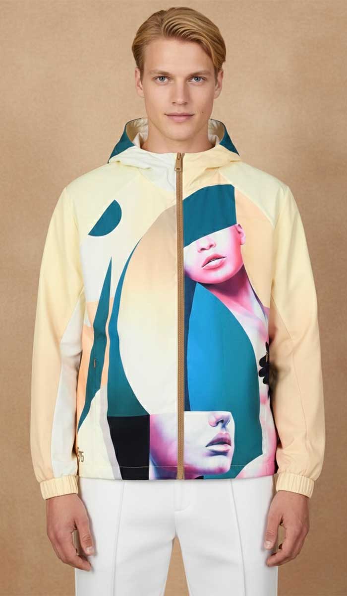 MANNEQUIN HOMME BLOND PORTE COUPE VENT REVERSIBLE BLANC CASSÉ AVEC OEUVRE LES AMAZONES DE SKIO 