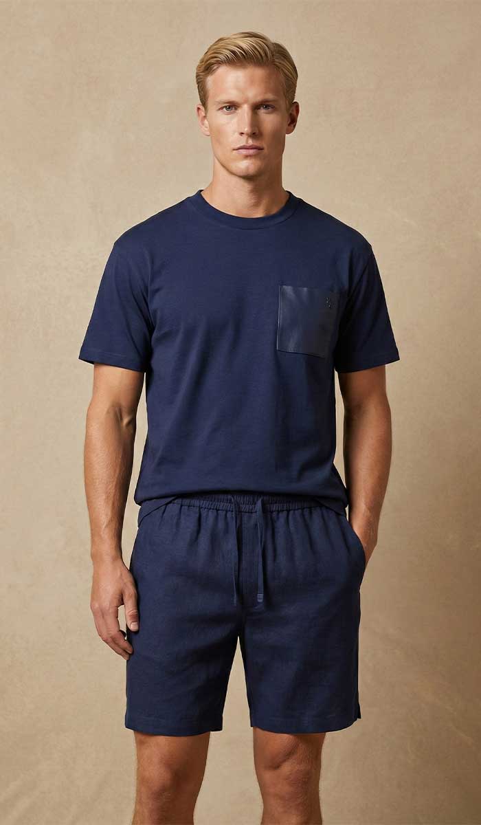 MANNEQUIN HOMME EST VETU DU TEE SHIRT BLEU NAVY  POSE DEBOUT FACE A L'OBJECTIF 