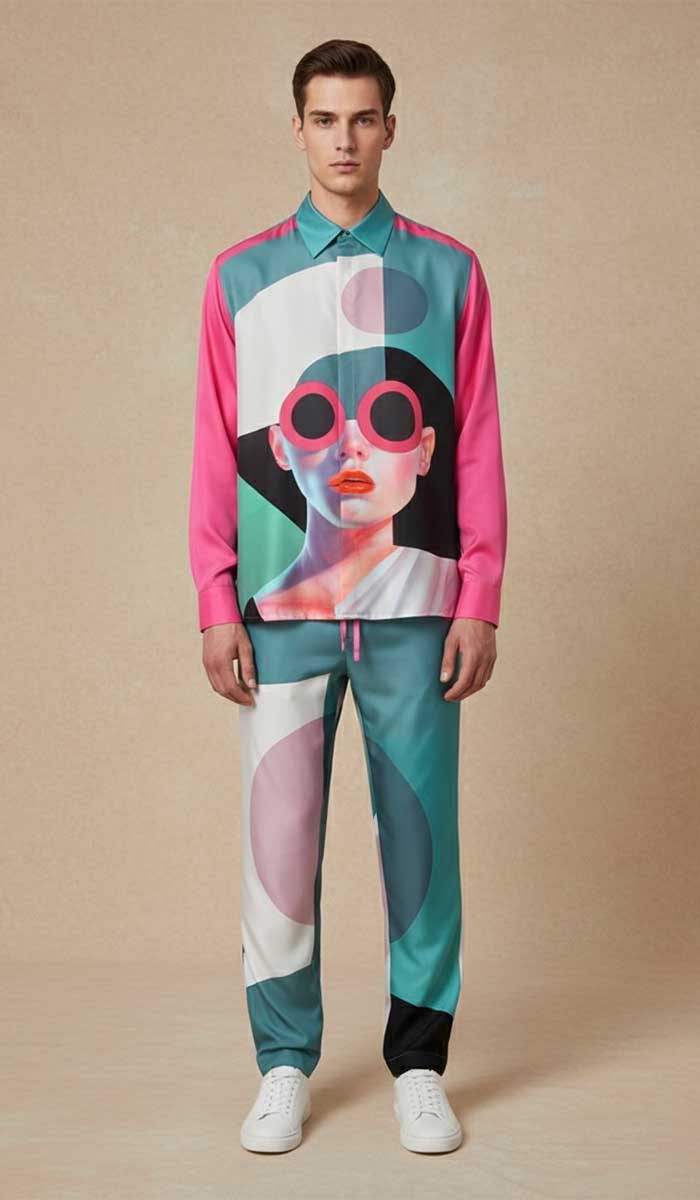 mannequin de face porte chemise homme soie manches longues artdéco et pantalon homme artdéco