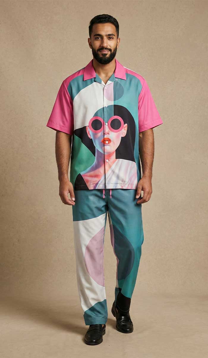 mannequin de face porte chemise homme soie manches courtes  artdéco et pantalon homme artdéco