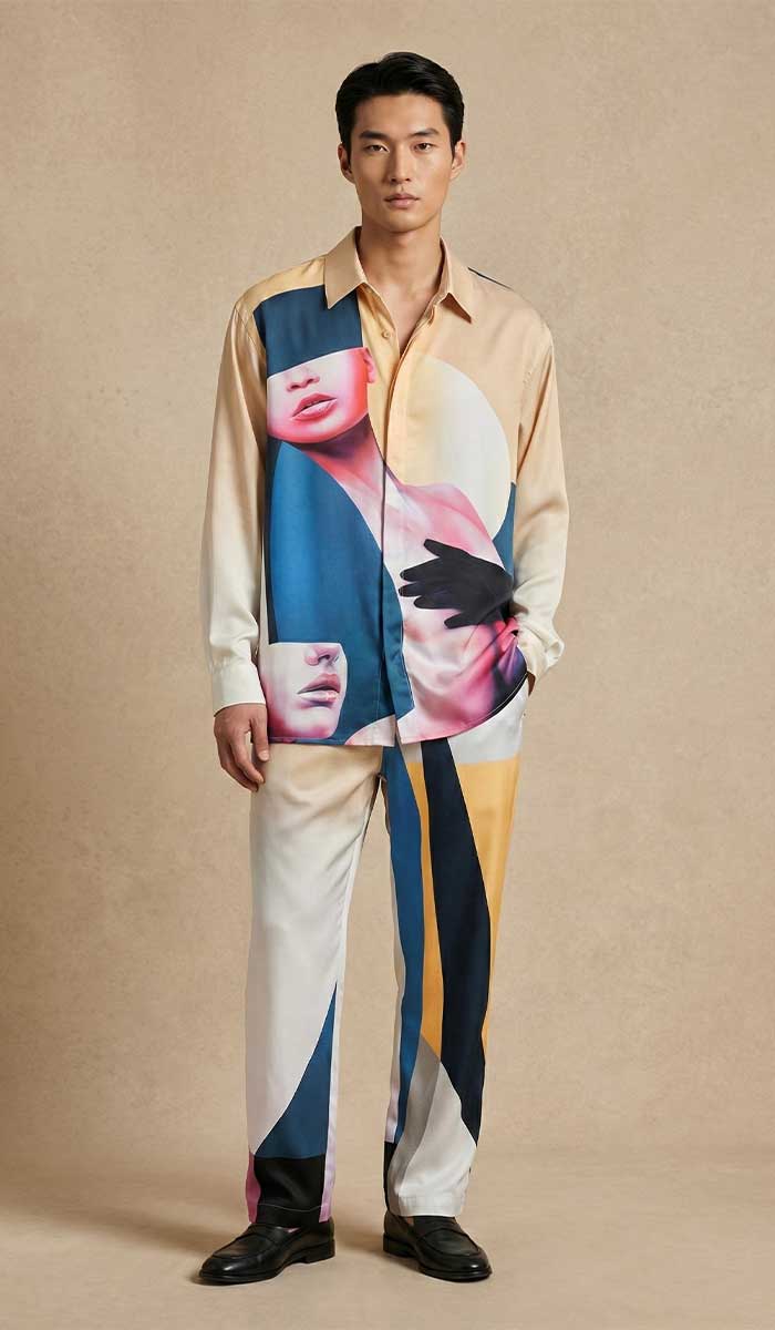 mannequin de face porte chemise homme soie manches longues les amazones et pantalon homme les amazones