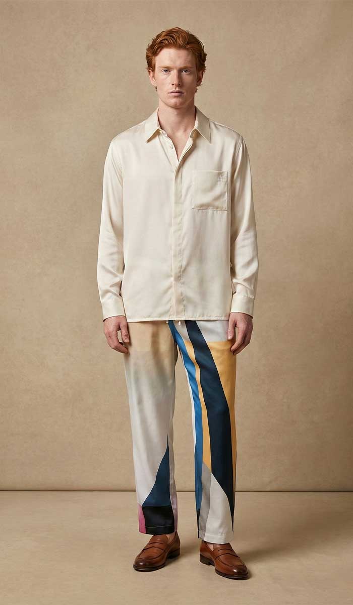 mannequin de face porte chemise homme soie blanc cassé et pantalon homme les amazones