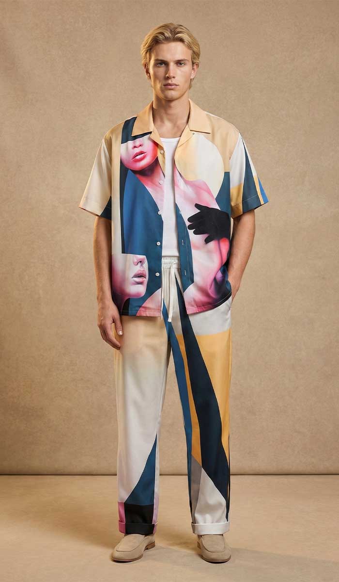 mannequin de face porte chemise homme soie manches courtes les amazones et pantalon homme les amazones
