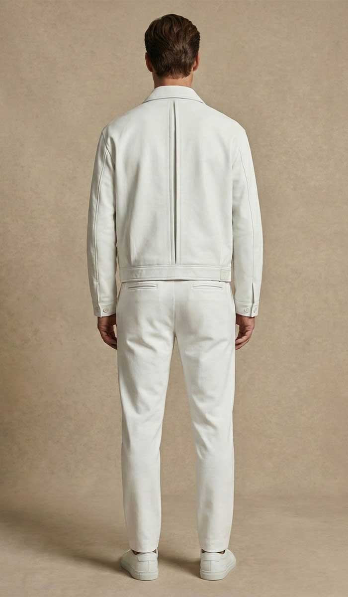 mannequin est vetu de l'ensemble tracksuit blanc pose debout de dos