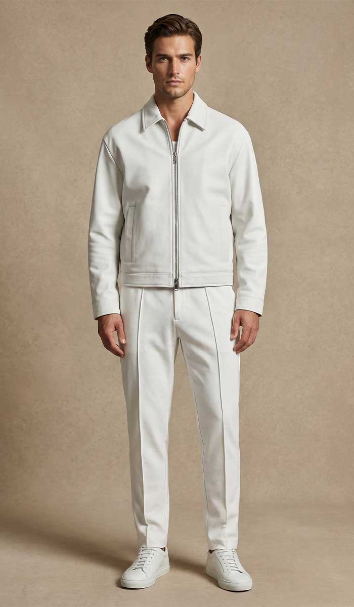 mannequin est vetu de l'ensemble tracksuit blanc pose debout de face 