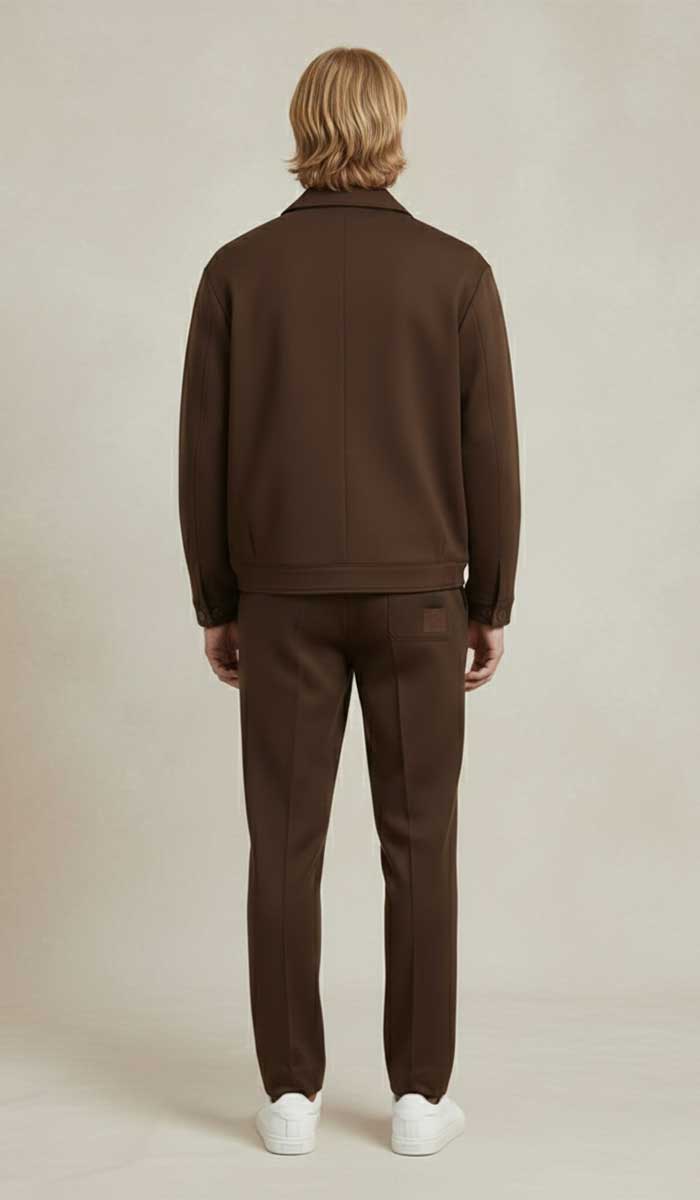 mannequin est vetu de l'ensemble tracksuit marron pose debout de face 