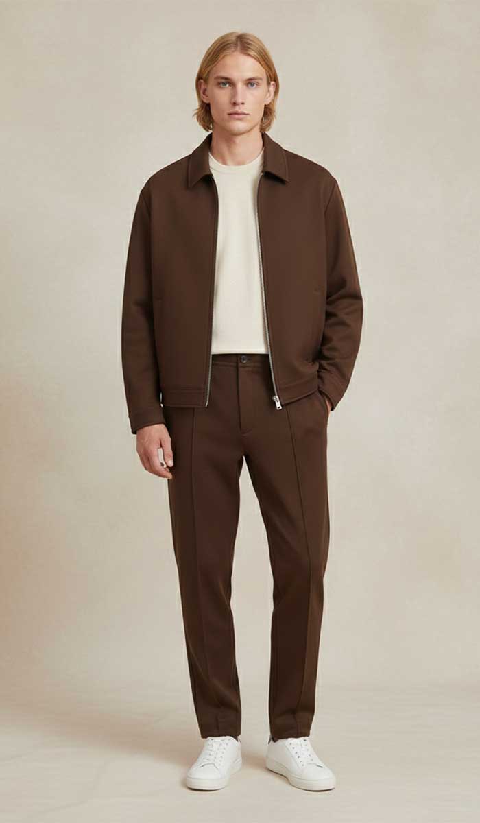 mannequin est vetu de l'ensemble tracksuit marron pose debout de face 