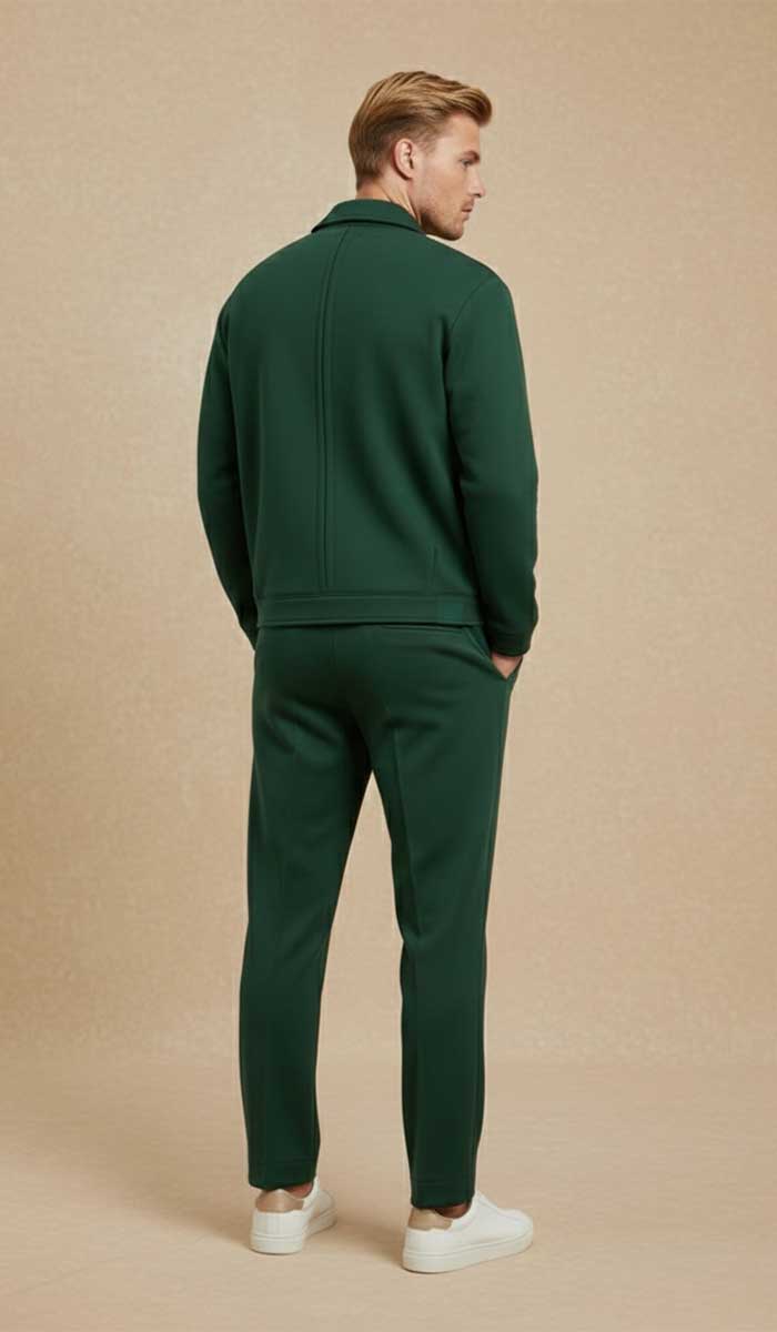 mannequin est vetu de l'ensemble tracksuitvert royal pose debout de dos, regard de profil