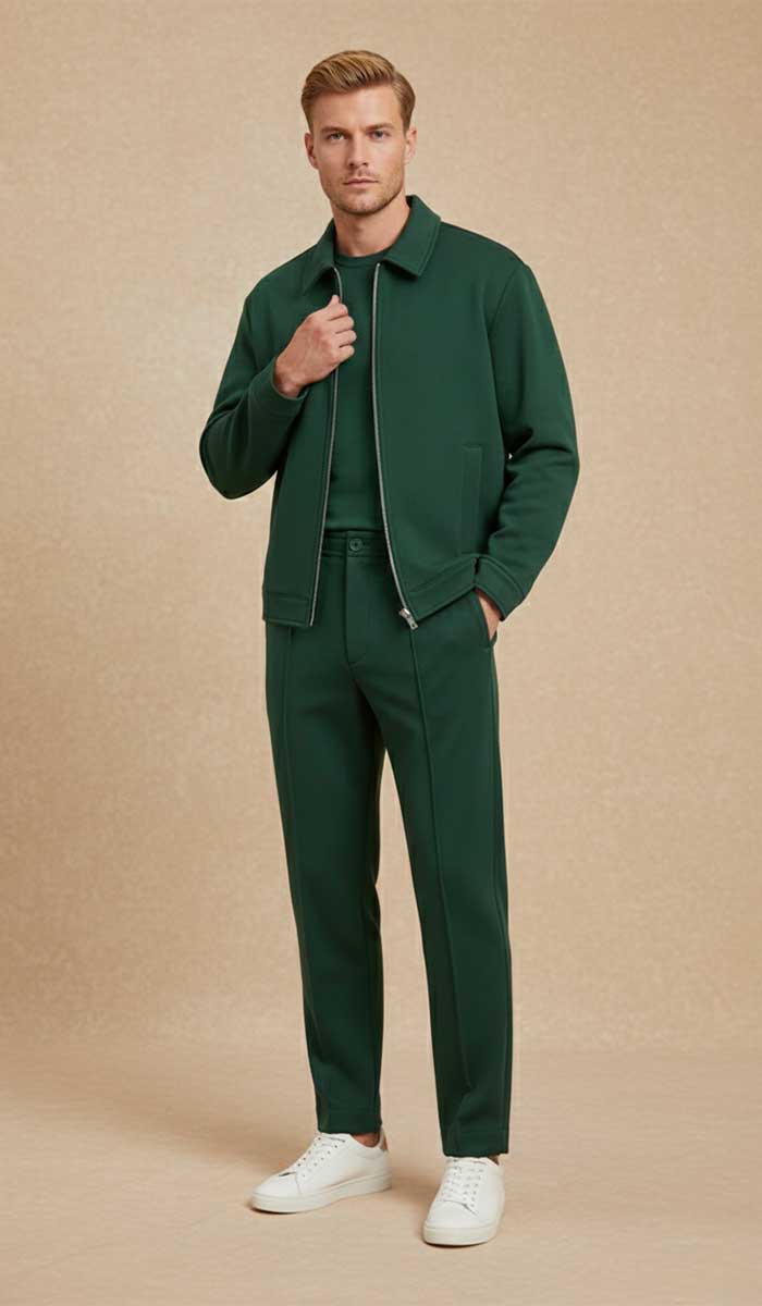 mannequin est vetu de l'ensemble tracksuitvert royal pose debout de face avec main sur la veste