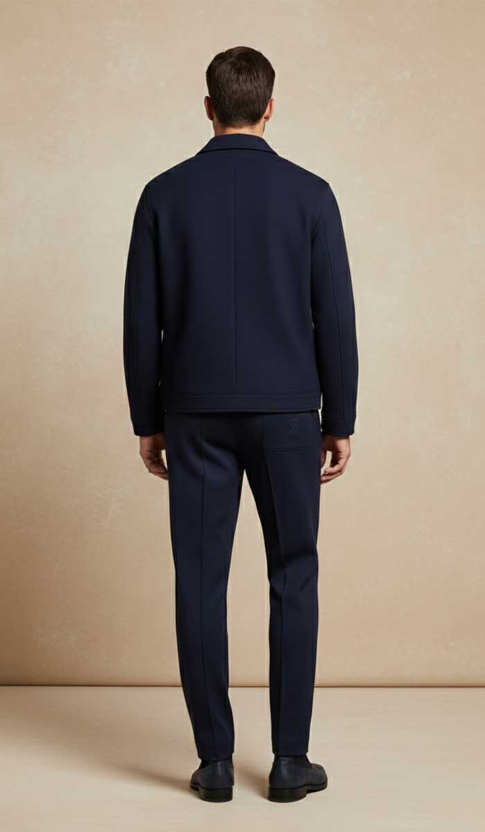 mannequin est vetu de l'ensemble tracksuit bleu navy pose debout de dos