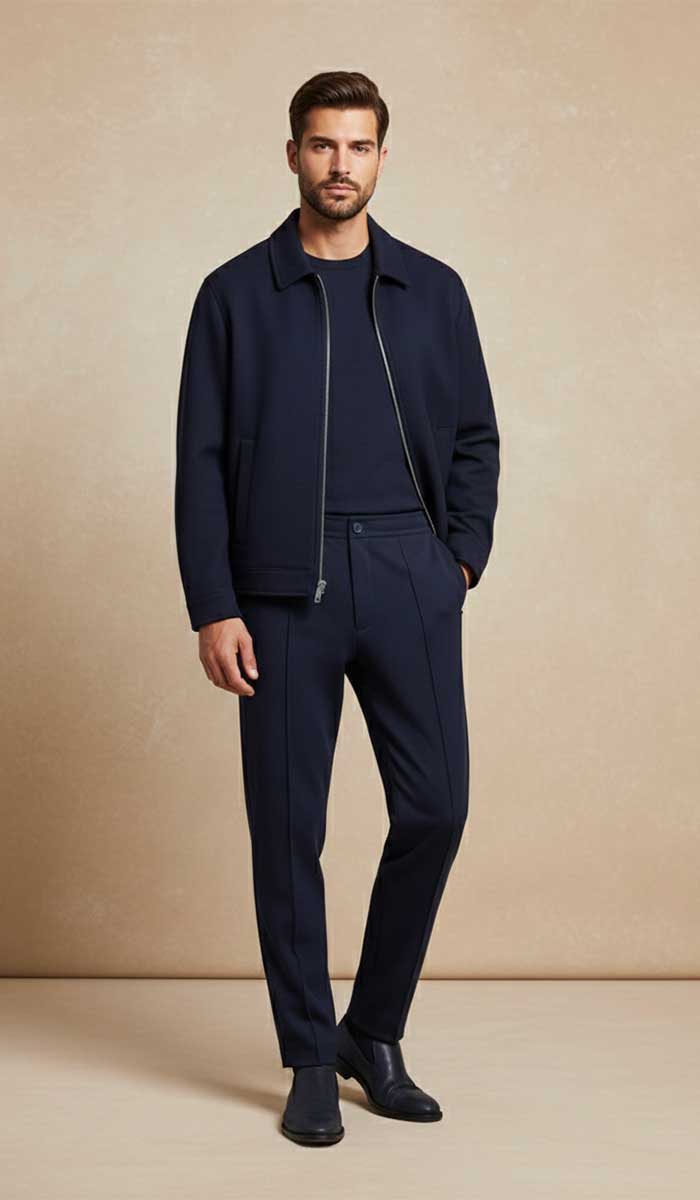 mannequin est vetu de l'ensemble tracksuit bleu navy pose debout de face 