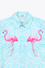 LEs flamands roses et le pattern Zebre de la chemise bleu 100% soie